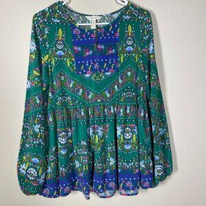 Matilda Jane Evergreen Floral Light Weight Blouse Keyhole Size Medium Peplum Top